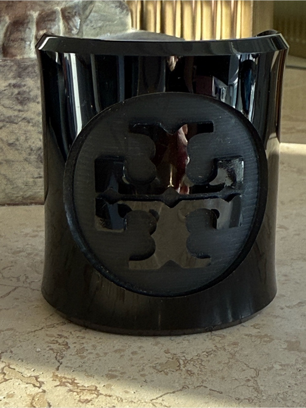 Tory Burch Black Lucite Resin Logo Wide Cuff Bracelet 2.75”